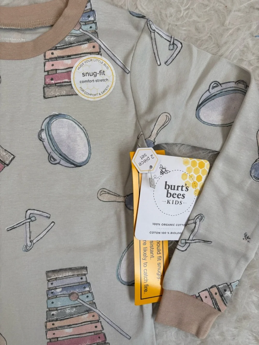 Burt's Bees NWT Gender Neutral Taupe Pajama Set with Musical Instrument AOP